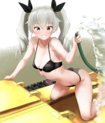 Rule 34 | 1girl, all fours, anchovy (girls und panzer), ass, black bra, black panties, black ribbon, blurry, blush, bra, breasts, commission, depth of field, drill hair, girls und panzer, grey hair, grin, hair ribbon, highres, hose, long hair, looking at viewer, military, military vehicle, motor vehicle, panties, pixiv commission, red eyes, ribbon, smile, solo, tama (tamago), teeth, twin drills, twintails, underwear, underwear only, water