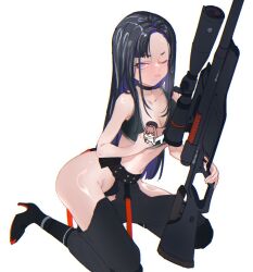Rule 34 | 1girl, asymmetrical bangs, black hair, black sports bra, breasts, censored, chaps, character censor, cleavage, colored inner hair, eunhwa (nikke), forehead, goddess of victory: nikke, gun, high heels, holding, holding weapon, kneeling, leaning forward, long hair, looking at viewer, medium breasts, mole, mole under mouth, multicolored hair, novelty censor, one eye closed, purple eyes, purple hair, rifle, sakae nikebaraba, sniper rifle, solo, sports bra, weapon