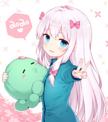 Rule 34 | 1girl, 2020, absurdres, bad id, bad pixiv id, blue eyes, bow, commentary request, eromanga sensei, fang, from side, green jacket, hair bow, highres, hug, izumi sagiri, jacket, long hair, looking back, nomier, hugging object, open mouth, outstretched arm, outstretched hand, ribbon, silver hair, smile, solo, stuffed animal, stuffed toy, upper body, v, zipper