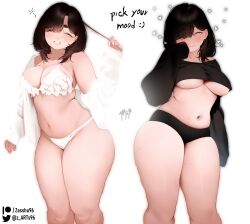 Rule 34 | 1girl, black hair, black panties, black shirt, bra, breasts, cardigan, closed eyes, closed mouth, commentary, crop top, english commentary, english text, facing viewer, feet out of frame, grey eyes, grin, hair over one eye, heart, highres, holding, holding hair, jewelry, large breasts, light blush, light smile, long sleeves, looking at viewer, medium hair, mole, mole on arm, mole on collarbone, mole on stomach, multiple views, navel, necklace, one eye covered, open cardigan, open clothes, original, paid reward available, panties, patreon logo, patreon username, plump, shirt, signature, sleeves past fingers, sleeves past wrists, smile, standing, stomach, string panties, thick eyebrows, thick thighs, thighs, twitter logo, twitter username, underboob, underwear, white background, white bra, white cardigan, white panties, zasshu