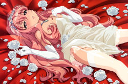 Rule 34 | 00s, 1girl, artist request, bridal veil, bride, dress, elbow gloves, flower, garter belt, gloves, highres, jewelry, long hair, louise francoise le blanc de la valliere, lying, necklace, on back, open mouth, pink eyes, pink hair, ring, rose, solo, thighhighs, tiara, veil, wedding dress, white rose, zero no tsukaima