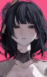 Rule 34 | 1girl, black hair, blush, collarbone, commentary, eyebrows hidden by hair, eyelashes, genshin impact, hair ornament, highres, inuo (inuo x), looking at viewer, parted lips, pink background, portrait, purple eyes, raiden shogun, simple background, solo