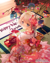 Rule 34 | 10s, 1girl, 2014, blonde hair, bow, character doll, flower, from above, hair flower, hair ornament, happy new year, japanese clothes, kimono, looking at viewer, looking back, looking up, luis frois (sengoku bushouki muramasa), mizuno sao, new year, official art, sengoku bushouki muramasa, short hair, smile, solo
