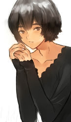 Rule 34 | 1boy, black shirt, bob cut, brown eyes, brown hair, coin rand, collarbone, crossdressing, fingernails, futari no story, long sleeves, male focus, own hands clasped, own hands together, shirt, simple background, sleeves past wrists, solo, v-neck, white background, yuki (singer)