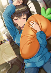 Rule 34 | 1girl, admire vega (umamusume), bed, blush, breasts, brown hair, casual, commentary request, highres, horse girl, izumo-ss-yoshitunedenn, long hair, looking at viewer, medium breasts, pillow, purple eyes, signature, solo, stuffed carrot, umamusume, waking up