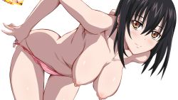 Rule 34 | 10s, 1girl, armpits, bent over, black hair, blush, breasts, brown eyes, cleavage, closed mouth, collarbone, cowboy shot, hair between eyes, hanging breasts, himeragi yukina, large breasts, leaning forward, looking at viewer, nipples, nude, panties, pink panties, shiny skin, simple background, smile, solo, strike the blood, thigh gap, transparent background, underwear, undressing, white background