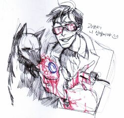 Rule 34 | 1boy, 1other, a.m, black hair, blood, blood on clothes, blood on hands, english text, evil grin, evil smile, glasses, grin, heart, i have no mouth and i must scream, jackal, korean text, kwh6762, lab coat, messy hair, non-web source, opaque glasses, personification, smile, smoking pipe, traditional media