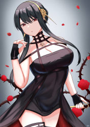 Rule 34 | 1girl, absurdres, black dress, black gloves, black hair, black thighhighs, breasts, chestnut mouth, cleavage, commentary, cowboy shot, dagger, dress, earrings, elina (eri15), falling petals, fingerless gloves, floral print, flower, gloves, gold earrings, gold hairband, gradient background, grey background, hair flower, hair ornament, hairband, hand up, highres, holding, holding dagger, holding knife, holding weapon, jewelry, knife, large breasts, long hair, looking at viewer, off-shoulder dress, off shoulder, open mouth, petals, red eyes, red flower, red rose, rose, rose petals, rose print, sidelocks, solo, spikes, spy x family, thighhighs, thorns, two-sided dress, two-sided fabric, weapon, yor briar, zettai ryouiki