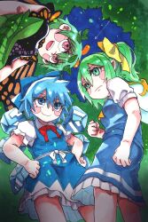 Rule 34 | 3girls, antennae, aqua hair, blue dress, blue eyes, blue hair, blue skirt, blue vest, blush stickers, butterfly wings, cirno, closed mouth, collared shirt, daiyousei, dress, eternity larva, fairy, fairy wings, green dress, green eyes, green hair, hair between eyes, highres, ice, ice wings, insect wings, inuyama konan, leaf, leaf on head, long hair, multicolored clothes, multicolored dress, multiple girls, open mouth, puffy short sleeves, puffy sleeves, red eyes, shirt, short hair, short sleeves, skirt, smile, touhou, vest, white shirt, wings