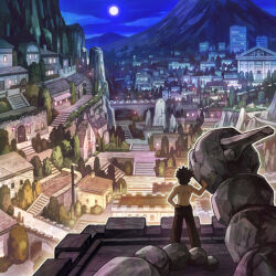 Rule 34 | 1boy, black hair, bridge, brock (pokemon), brown pants, building, commentary request, creatures (company), game freak, gen 1 pokemon, hand on own hip, hand up, highres, k-n, male focus, moon, mountain, night, nintendo, onix, outdoors, pants, pewter city, pokemon, pokemon (creature), pokemon rgby, power lines, scenery, short hair, sky, spiked hair, stairs, standing, topless male, utility pole