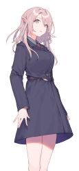 Rule 34 | 1girl, bare legs, belt, black shirt, breasts, buttons, closed mouth, collared shirt, fifuth, formal, grey hair, highres, large breasts, long hair, long sleeves, looking at viewer, necktie, original, pointy ears, purple eyes, red necktie, shirt, simple background, solo, standing, suit, white background