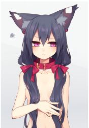 Rule 34 | 1girl, :&lt;, angry, animal ear fluff, animal ears, black hair, blush, bow, breasts, cat ears, cat girl, collar, collarbone, convenient censoring, earrings, female focus, fox ears, hair between eyes, hair bow, hair censor, hair over breasts, jewelry, long hair, muryotaro, nude, pink eyes, simple background, small breasts, solo, squiggle, topless frame, twintails, upper body