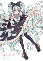 Rule 34 | 1girl, aqua eyes, aqua hair, arm behind back, bare shoulders, black footwear, black ribbon, boots, bow, buttons, dress, frills, gloves, hair ribbon, hairband, hatsune miku, long hair, looking at viewer, magical mirai (vocaloid), magical mirai miku, magical mirai miku (2016), necktie, ribbon, sleeveless, sleeveless dress, smile, solo, thigh boots, thighhighs, twintails, very long hair, vocaloid, white gloves, yasiromann