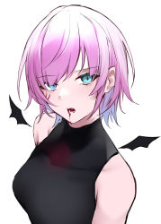Rule 34 | 1girl, absurdres, bare shoulders, black shirt, black wings, blood, blood from mouth, blood on face, blue eyes, covered collarbone, detached wings, fang, hair over one eye, highres, mini wings, nijisanji, open mouth, pink hair, shirt, simple background, sleeveless, sleeveless shirt, solo, upper body, virtual youtuber, white background, wings, yuki maccha (yukimattya10), yuuhi riri