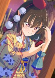 Rule 34 | 1girl, amanoyayuki, bamboo, belt, blue belt, blush, breasts, brown eyes, brown hair, closed mouth, floral print, flower, grass, hair between eyes, hands up, hat, highres, holding, japanese clothes, kimono, long sleeves, looking down, medium breasts, pom pom (clothes), purple sky, red hat, shameimaru aya, short hair, sky, solo, tokin hat, touhou, tree, white flower, wide sleeves, yellow kimono, yukata