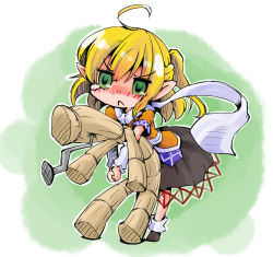 Rule 34 | 1girl, :c, ahoge, arm warmers, blonde hair, blush, hugging doll, green eyes, impaled, mizuhashi parsee, nail, hugging object, oversized clothes, pointy ears, sash, scarf, shinapuu, shirt, skirt, solo, tears, touhou, voodoo doll, straw doll
