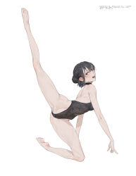 Rule 34 | 1girl, absurdres, arm support, artist name, backless leotard, ballerina, ballet, barefoot, black choker, black hair, black leotard, blush, choker, crotch, dancing, dated, earrings, female focus, full body, groin tendon, hair bun, highleg, highleg leotard, highres, jewelry, kneeling, lace leotard, leg up, legs, leotard, looking to the side, open mouth, original, sideways glance, simple background, sketch, soles, solo, strapless, strapless leotard, teeth, thighs, white background, yean