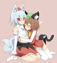 Rule 34 | animal ears, arashiya, bad id, bad pixiv id, blush, cat ears, cat tail, chen, detached sleeves, earrings, hat, inubashiri momiji, jewelry, mob cap, multiple tails, nekomata, mob cap, pom pom (clothes), red eyes, ribbon-trimmed sleeves, ribbon trim, short hair, simple background, single earring, tail, tail grab, tokin hat, touhou, trembling, two tails, white hair, wide sleeves, wolf ears, wolf tail, yuri