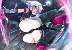 Rule 34 | 1girl, ass, black panties, blurry, boots, dagger, depth of field, fate/apocrypha, fate/grand order, fate (series), from below, green eyes, highres, jack the ripper (fate/apocrypha), knife, looking down, lowleg, lowleg panties, panties, saiki rider, scar, short hair, silver hair, sketch, soles, solo, thigh boots, thighhighs, underwear, weapon