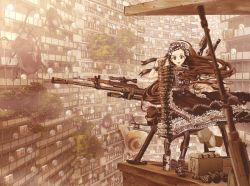 Rule 34 | 1girl, ammunition belt, beetle, brown eyes, brown hair, bug, building, dragunov svd, explosive, female focus, flower, grenade, gun, insect, jewelry, katou fumitaka, long hair, necklace, rifle, rocket launcher, rose, rpg (weapon), snail, sniper rifle, solo, turret, weapon