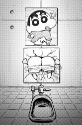Rule 34 | 1boy, ass, clothes pull, crayon shin-chan, from behind, greyscale, halftone, highres, male focus, monochrome, nohara shinnosuke, parody, public use, sakkan, shorts, shorts pull, solo, stuck, through wall, urinal