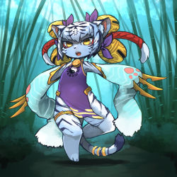 Rule 34 | black hair, forest, furry, japanese clothes, kamukamu6392, open mouth, tiger, two-tone hair, white hair, white tiger, yellow eyes