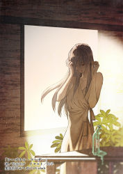 1girl bottle cowboy_shot grey_hair hands_up indoors leaf limited_palette long_hair original plant solo standing table window yumeko_(yumeyana_g)