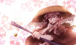 Rule 34 | 1other, ajirogasa, androgynous, bell, bright pupils, brown hat, brown kimono, commentary request, floral background, hand to own mouth, hat, holding, japanese clothes, kimono, len&#039;en, long hair, open mouth, other focus, pink eyes, pink hair, shirami souko, solo, upper body, white pupils, wide sleeves, yukkyon kyon
