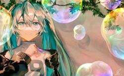 Rule 34 | 1girl, black jacket, blue eyes, blue hair, bubble, bubble pipe, closed mouth, comiket 101, commentary request, glasses, hair between eyes, hatsune miku, highres, holding, jacket, long hair, long sleeves, looking at viewer, off shoulder, open clothes, open jacket, puffy long sleeves, puffy sleeves, saihate (d3), shirt, smile, solo, twintails, upper body, vocaloid, white shirt