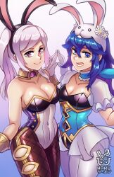 Rule 34 | 2girls, alternate costume, blue eyes, blue hair, breasts, covered navel, fire emblem, fire emblem awakening, fire emblem heroes, fishnet pantyhose, fishnets, gloves, grey hair, hakuramen, highres, leotard, long hair, looking at viewer, lucina (fire emblem), medium breasts, medium hair, multiple girls, nintendo, official alternate costume, open mouth, pantyhose, purple eyes, robin (female) (fire emblem), robin (fire emblem), small breasts, smile, twintails