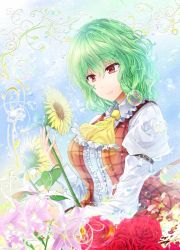 Rule 34 | 1girl, arm belt, ascot, blue sky, breasts, bubble, comic, commentary request, day, english text, flower, frilled ascot, frilled shirt collar, frills, green hair, holding, holding flower, kazami yuuka, large breasts, lily (flower), long sleeves, looking down, open clothes, open vest, pink flower, pink lips, plaid, plaid vest, puffy long sleeves, puffy sleeves, red flower, red rose, red vest, rose, shirt, short hair, sky, smile, solo, sunflower, text focus, touhou, vest, wavy hair, white shirt, y2
