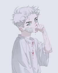 Rule 34 | 1boy, bandaid, bandaid on arm, bandaid on cheek, bandaid on face, blood, blood on clothes, blood on face, blue eyes, child, covered mouth, cuts, from side, grey eyes, grey hair, hand up, highres, injury, korean commentary, looking at viewer, looking to the side, male focus, nosebleed, or0loi, original, scratches, shirt, short hair, simple background, solo, t-shirt, upper body, white background, white hair, white shirt, wiping blood, wiping nose
