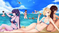 Rule 34 | 5boys, 5girls, abs, alternate costume, arm support, arm tattoo, armor, ass, ball, beach, beachball, beard, bikini, black hair, blonde hair, blue bikini, blue eyes, blue sky, breasts, brown eyes, brown hair, butt crack, cassidy (overwatch), chu (huaha1320), cleavage, clenched hand, cloud, cloudy sky, cocktail glass, collarbone, colored skin, cote d&#039;azur widowmaker, cowboy hat, cup, cyborg, d.va (overwatch), dark-skinned female, dark-skinned male, dark skin, day, doomfist (overwatch), drinking glass, drone, everyone, eye of horus, facepaint, facial hair, facial mark, food, front-tie bikini top, front-tie top, fruit, full body, genji (overwatch), hair bun, hair tie, hair tubes, hand in own hair, hat, helmet, high ponytail, highres, holding, holding cup, holding drinking glass, innertube, junkrat (overwatch), lifeguard cassidy, lime (fruit), lime slice, long hair, looking at viewer, lying, male swimwear, mask, mechanical arms, medium breasts, mei (overwatch), mercy (overwatch), multiple boys, multiple girls, muscular, nail polish, navel, no headwear, no wings, nose, ocean, on side, one eye closed, orange male swimwear, orange swim trunks, outdoors, overwatch, overwatch 1, pharah (overwatch), pink bikini, ponytail, power fist, purple bikini, purple hair, purple skin, reaper (overwatch), red male swimwear, red swim trunks, reinhardt (overwatch), robot, short hair, sideways glance, single hair bun, single mechanical arm, sitting, sky, snorkel, snowball (overwatch), soldier: 76 (overwatch), striped bikini, striped clothes, sunglasses, swim ring, swim trunks, swimming, swimsuit, tattoo, thigh gap, toenail polish, toenails, torbjorn (overwatch), vertical-striped bikini, vertical-striped clothes, very dark skin, wading, wallpaper, whisker markings, white hair, widowmaker (overwatch), yellow eyes