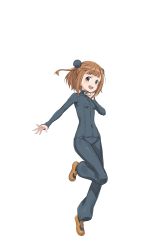 Rule 34 | 1girl, :d, beatrice (princess principal), blunt bangs, brown eyes, brown footwear, brown hair, bun cover, double bun, full body, hair bun, hand up, highres, looking at viewer, official art, open mouth, princess principal, princess principal game of mission, shoes, smile, solo, standing, standing on one leg, transparent background