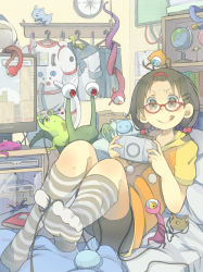 Rule 34 | 1girl, :q, ahoge, alien, antennae, bad id, bad pixiv id, bed, between toes, bookshelf, bow, box, brown hair, cable, compass, feet, foreshortening, game console, glasses, globe, grey socks, hair bobbles, hair bow, hair ornament, hairclip, handheld game console, helmet, interior, kneehighs, lying, monitor, muted color, no shoes, on back, on bed, original, pillow, playing games, playstation portable, poripori (popocox), red-framed eyewear, room, school uniform, sega mega drive, short sleeves, short twintails, skirt, smile, socks, soles, solo, space helmet, spacesuit, striped clothes, striped socks, toes, tongue, tongue out, twintails, v-shaped eyebrows