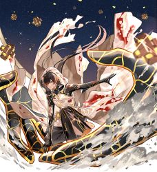 Rule 34 | 1boy, black hair, blood, blood on clothes, blood on face, brown hair, closed mouth, genshin impact, highres, hood, hood up, long hair, male focus, on one knee, pants, qing, sky, smoke, solo, sparkle, star (sky), starry sky, torn clothes, yellow eyes, zhongli (archon) (genshin impact), zhongli (genshin impact)