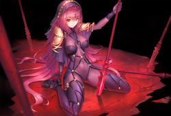Rule 34 | 1girl, arm support, armor, duan henglong, fate/grand order, fate (series), gloves, high heels, highres, looking up, polearm, red eyes, scathach (fate), scathach (fate), see-through, shoulder armor, sitting, skin tight, pauldrons, spear, wariza, weapon