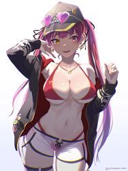 Rule 34 | 1girl, baseball cap, bikini, bikini under clothes, black jacket, black ribbon, blush, breasts, cleavage, collarbone, dolphin shorts, earrings, fangs, hair ribbon, halterneck, hat, heart, heart-shaped eyewear, heart earrings, heart necklace, heterochromia, highres, hololive, houshou marine, houshou marine (summer), jacket, jewelry, large breasts, long hair, long sleeves, looking at viewer, navel, necklace, o-ring, o-ring thigh strap, open mouth, red bikini, red eyes, red hair, ribbon, short shorts, shorts, simple background, smile, solo, standing, string bikini, sunglasses, swimsuit, thigh strap, twintails, virtual youtuber, white background, white shorts, yellow eyes, yonezawa mao