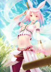 Rule 34 | 1girl, animal ears, breasts, rabbit ears, day, holding, holding weapon, koko (koko3), looking at viewer, mole, mole under eye, navel, original, outdoors, pink hair, pleated skirt, red eyes, red skirt, skirt, solo, weapon