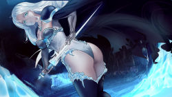 Rule 34 | ass, assarmored leotard, back, blue eyes, breasts, dark skin, gloves, highres, ice, jewelry, leotard, medium breasts, metal gloves, necklace, nyasha valkyrie, seifukushoulder pads, silver hair, sword, tagme, video game, weapon