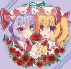 Rule 34 | 2girls, :d, ascot, beni kurage, blonde hair, blue background, blue hair, blush, bow, brooch, commentary request, dress, flandre scarlet, flower, frilled shirt collar, frills, gradient background, hair between eyes, hat, hat bow, hat ribbon, holding, holding flower, holding hands, jewelry, looking at viewer, mob cap, multiple girls, open mouth, pink dress, pink headwear, pointy ears, purple background, red ascot, red bow, red eyes, red flower, red ribbon, red rose, red vest, remilia scarlet, ribbon, rose, shirt, short hair, siblings, sidelocks, sisters, smile, thorns, touhou, vest, white headwear, white shirt, wrist cuffs, yellow ascot