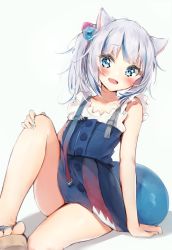 Rule 34 | 1girl, :d, animal ears, bare arms, bare legs, bare shoulders, blue dress, blue eyes, blush, cat ears, collarbone, cube hair ornament, dress, gawr gura, gawr gura (casual), hair ornament, highres, hololive, hololive english, knee up, looking at viewer, open mouth, sandals, seboneko, shirt, short hair, short ponytail, side ponytail, simple background, sitting, sleeveless, sleeveless dress, sleeveless shirt, smile, solo, tail, virtual youtuber, white background, white shirt