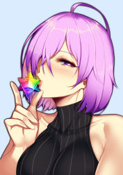 Rule 34 | 1girl, ahoge, alternate costume, bare shoulders, black sweater, blue background, blueorca, blush, breasts, collarbone, commentary, fate/grand order, fate (series), hair over one eye, half-closed eye, highres, kiss, looking at viewer, mash kyrielight, purple eyes, saint quartz (fate), short hair, simple background, sleeveless, sleeveless sweater, smile, solo, sweater