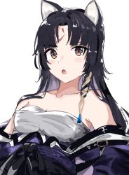 Rule 34 | 1girl, :o, animal ears, arknights, bandages, bare shoulders, black hair, breasts, brown eyes, cleavage, commentary request, dog ears, jannong, long hair, looking at viewer, off shoulder, open mouth, saga (arknights), sarashi, simple background, small breasts, solo, strapless, tube top, upper body, white background