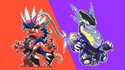 animal_focus black_sclera blacknirrow chibi closed_mouth colored_sclera creatures_(company) dragon full_body game_freak highres koraidon miraidon nintendo no_humans non-humanoid_robot open_mouth orange_eyes outline pokemon pokemon_(creature) robot robot_animal robot_dragon simple_background two-tone_background white_outline yellow_sclera