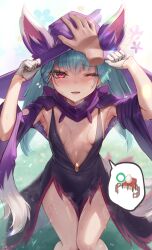 Rule 34 | 1girl, animal ear headwear, animal ears, armpits, black dress, blue hair, breasts, cleavage, disembodied limb, dress, eyelashes, fake animal ears, flying sweatdrops, glint, gloves, hat, headpat, highres, katress (palworld), light blue hair, long hair, lower teeth only, midriff, one eye closed, open mouth, padoruu, palworld, personification, pink eyes, purple headwear, purple sleeves, raised eyebrows, small breasts, smile, solo focus, sparkle, speech bubble, spoken object, steaming body, sweat, teeth, white gloves, wide sleeves, witch hat