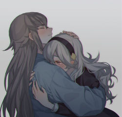 Rule 34 | 1boy, 1girl, blush, closed eyes, closed mouth, corrin (female) (fire emblem), corrin (fire emblem), couple, fire emblem, fire emblem fates, from side, grey background, grey hair, hairband, hand on another&#039;s head, hands on another&#039;s back, hetero, hug, japanese clothes, long sleeves, nintendo, pointy ears, profile, red eyes, simple background, takumi (fire emblem), upper body, white background, white hair, zuizi