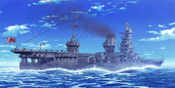 Rule 34 | aircraft, airplane, chimney, cloud, day, earasensha, hyuuga (battleship), imperial japanese navy, no humans, ocean, original, sky, vehicle focus, waves