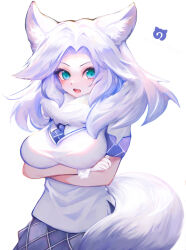Rule 34 | 1girl, animal ears, blue eyes, cardigan, extra ears, fang, gloves, highres, jack4l, japari symbol, kemono friends, long hair, looking at viewer, necktie, scarf, shirt, simple background, skirt, solo, tail, tundra wolf (kemono friends), white hair, wolf ears, wolf girl, wolf tail