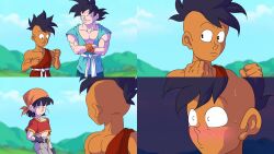 Rule 34 | black eyes, black hair, blush, dragon ball, dragon ball gt, excited, grandfather and granddaughter, highres, kishinpain, master and pupil, muscular, muscular male, nervous sweating, pan (dragon ball), sexually suggestive, son goku, surprised, sweat, tagme, training, uub